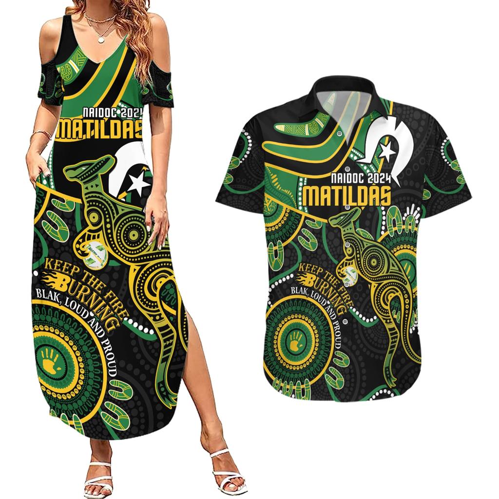 Custom Matildas NAIDOC Week Couples Matching Summer Maxi Dress and Hawaiian Shirt Australia Kangaroo Keep The Fire Burning - Black