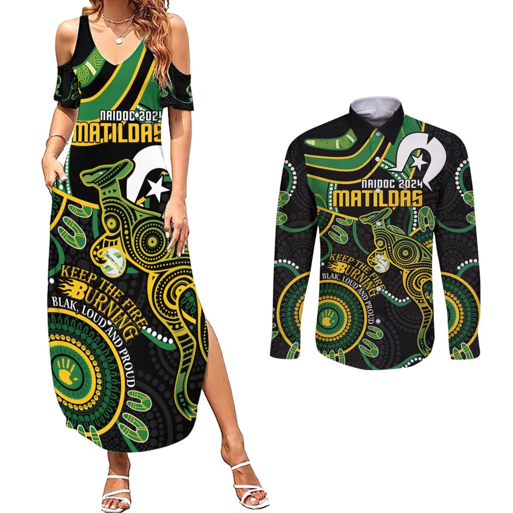 Custom Matildas NAIDOC Week Couples Matching Summer Maxi Dress and Long Sleeve Button Shirt Australia Kangaroo Keep The Fire Burning - Black