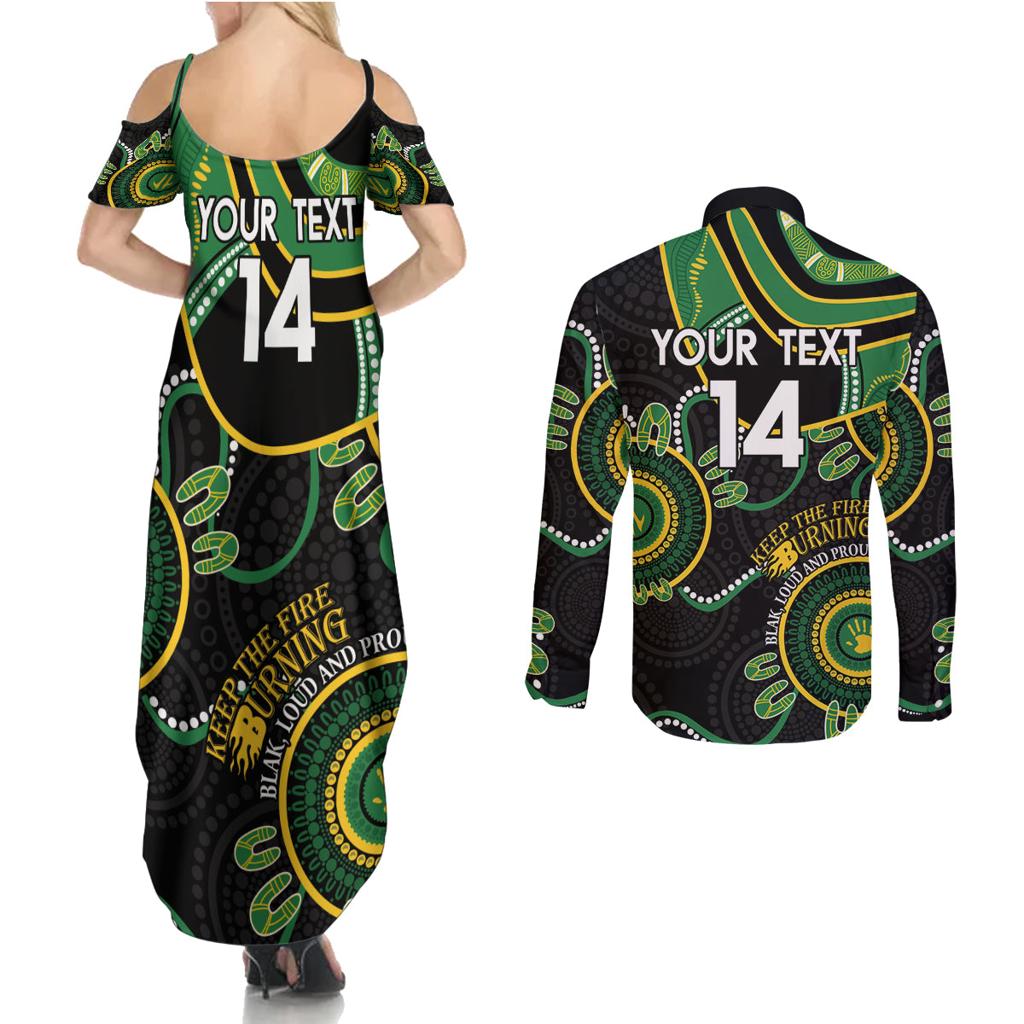 Custom Matildas NAIDOC Week Couples Matching Summer Maxi Dress and Long Sleeve Button Shirt Australia Kangaroo Keep The Fire Burning - Black