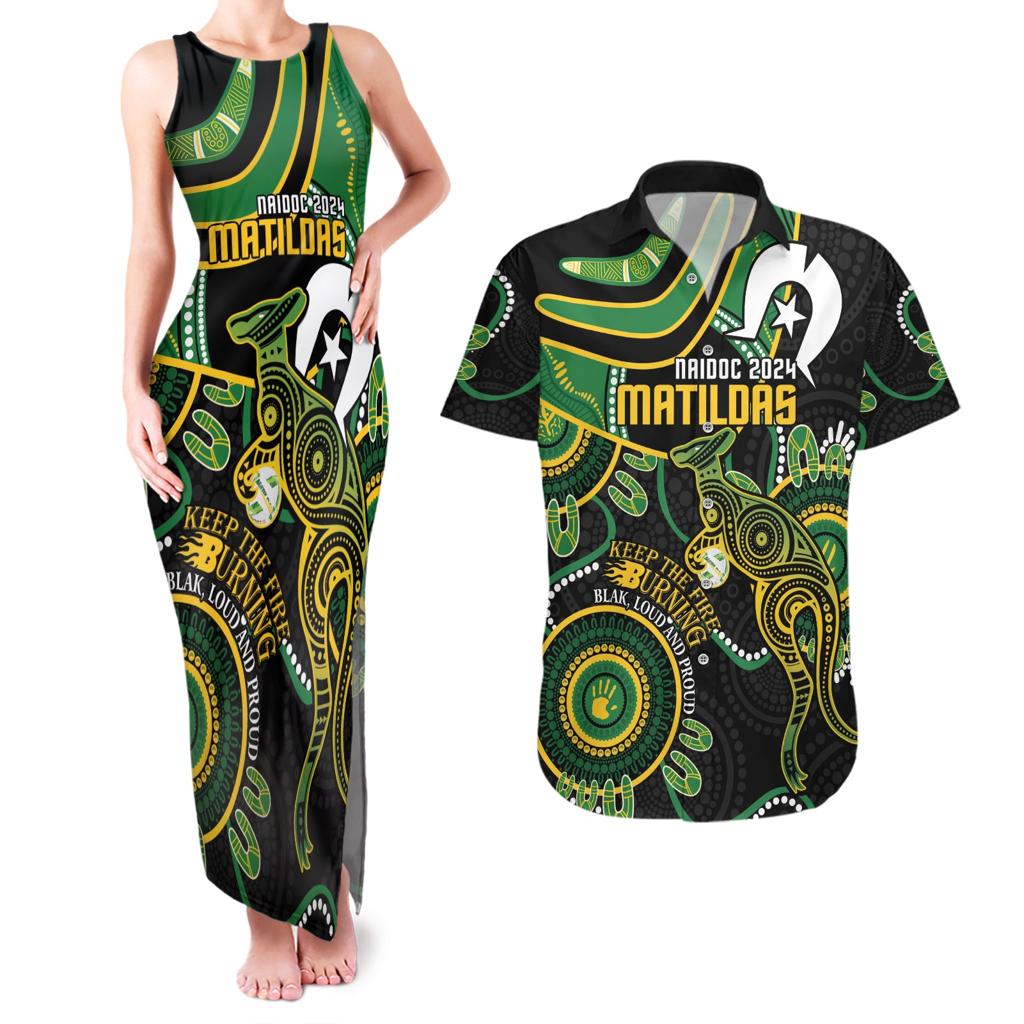 Custom Matildas NAIDOC Week Couples Matching Tank Maxi Dress and Hawaiian Shirt Australia Kangaroo Keep The Fire Burning - Black