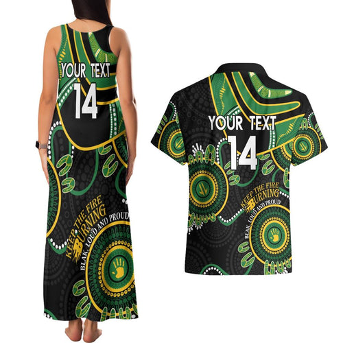 Custom Matildas NAIDOC Week Couples Matching Tank Maxi Dress and Hawaiian Shirt Australia Kangaroo Keep The Fire Burning - Black