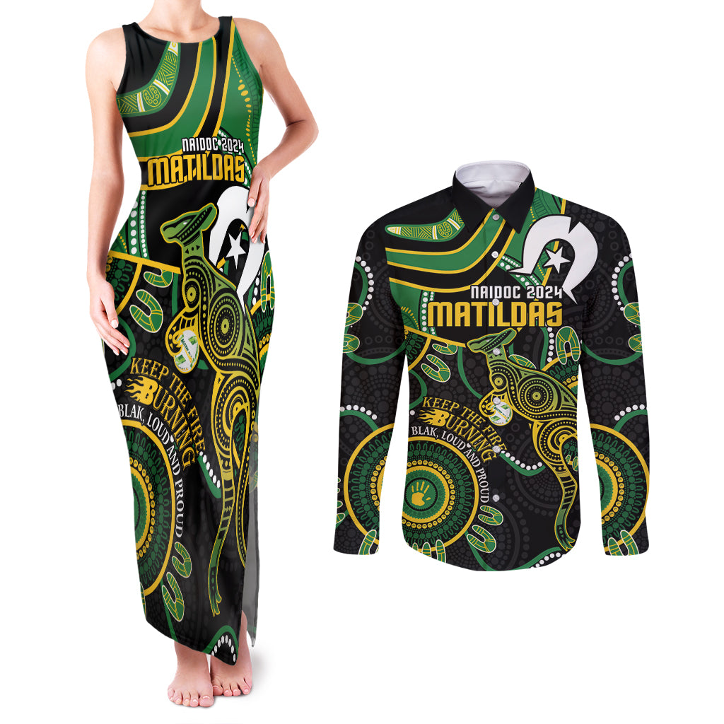 Custom Matildas NAIDOC Week Couples Matching Tank Maxi Dress and Long Sleeve Button Shirt Australia Kangaroo Keep The Fire Burning - Black