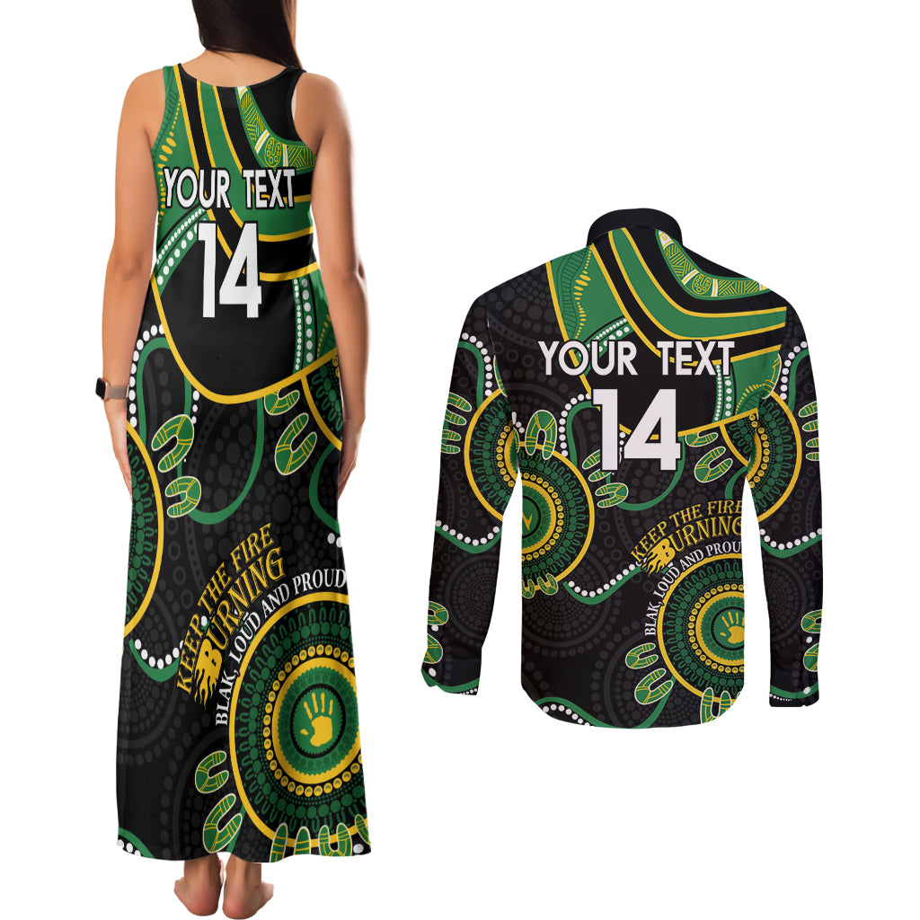 Custom Matildas NAIDOC Week Couples Matching Tank Maxi Dress and Long Sleeve Button Shirt Australia Kangaroo Keep The Fire Burning - Black
