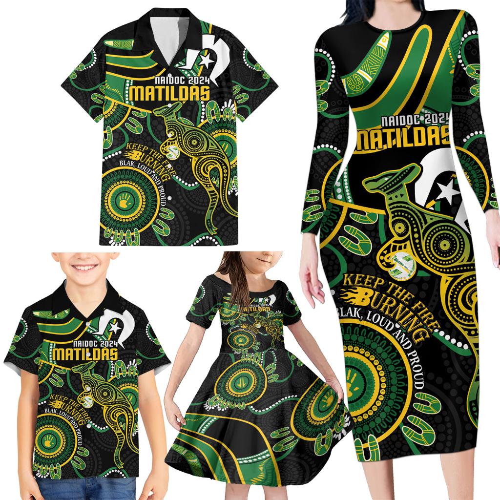 Custom Matildas NAIDOC Week Family Matching Long Sleeve Bodycon Dress and Hawaiian Shirt Australia Kangaroo Keep The Fire Burning - Black