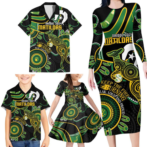 Custom Matildas NAIDOC Week Family Matching Long Sleeve Bodycon Dress and Hawaiian Shirt Australia Kangaroo Keep The Fire Burning - Black
