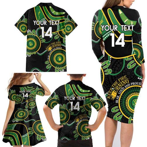 Custom Matildas NAIDOC Week Family Matching Long Sleeve Bodycon Dress and Hawaiian Shirt Australia Kangaroo Keep The Fire Burning - Black