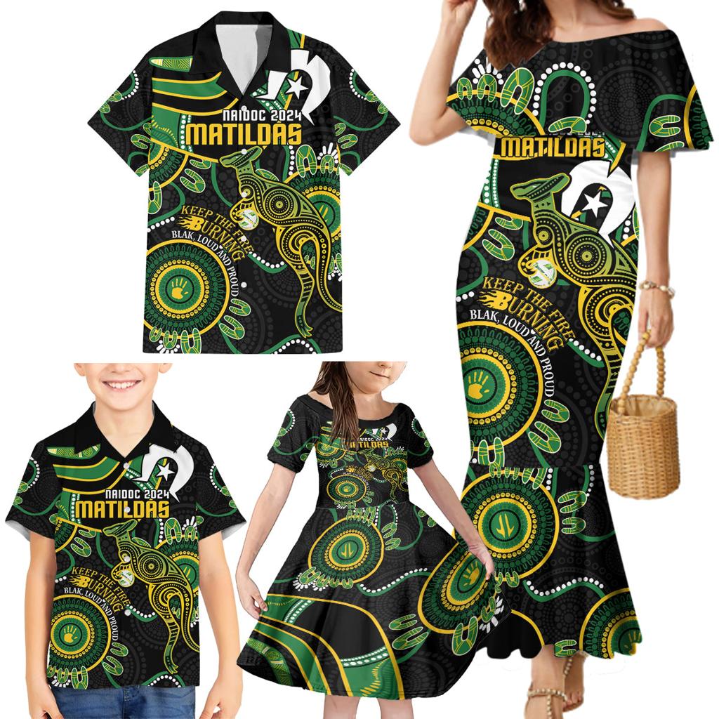 Custom Matildas NAIDOC Week Family Matching Mermaid Dress and Hawaiian Shirt Australia Kangaroo Keep The Fire Burning - Black
