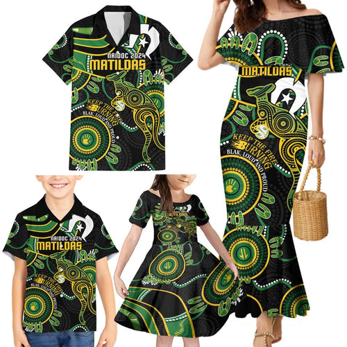 Custom Matildas NAIDOC Week Family Matching Mermaid Dress and Hawaiian Shirt Australia Kangaroo Keep The Fire Burning - Black
