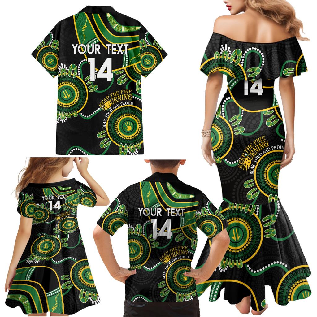 Custom Matildas NAIDOC Week Family Matching Mermaid Dress and Hawaiian Shirt Australia Kangaroo Keep The Fire Burning - Black