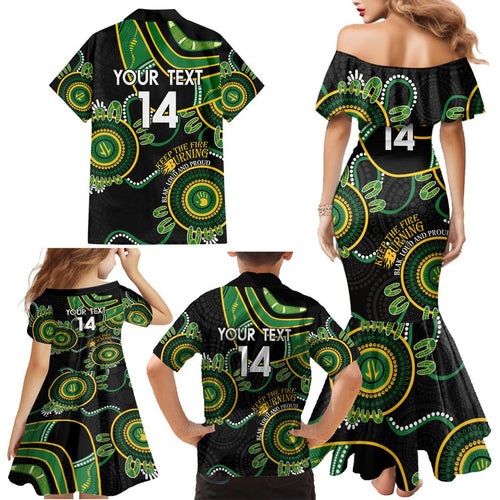 Custom Matildas NAIDOC Week Family Matching Mermaid Dress and Hawaiian Shirt Australia Kangaroo Keep The Fire Burning - Black