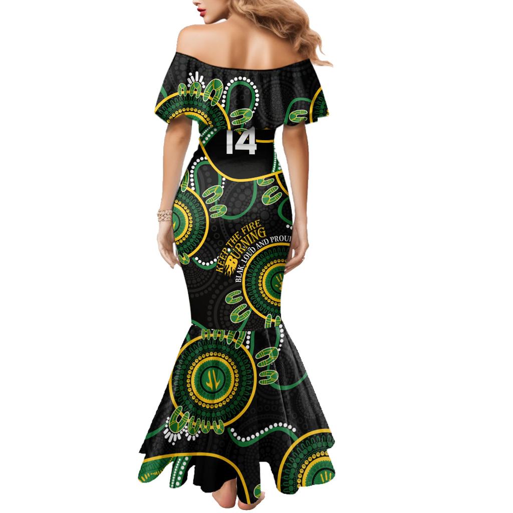 Custom Matildas NAIDOC Week Family Matching Mermaid Dress and Hawaiian Shirt Australia Kangaroo Keep The Fire Burning - Black