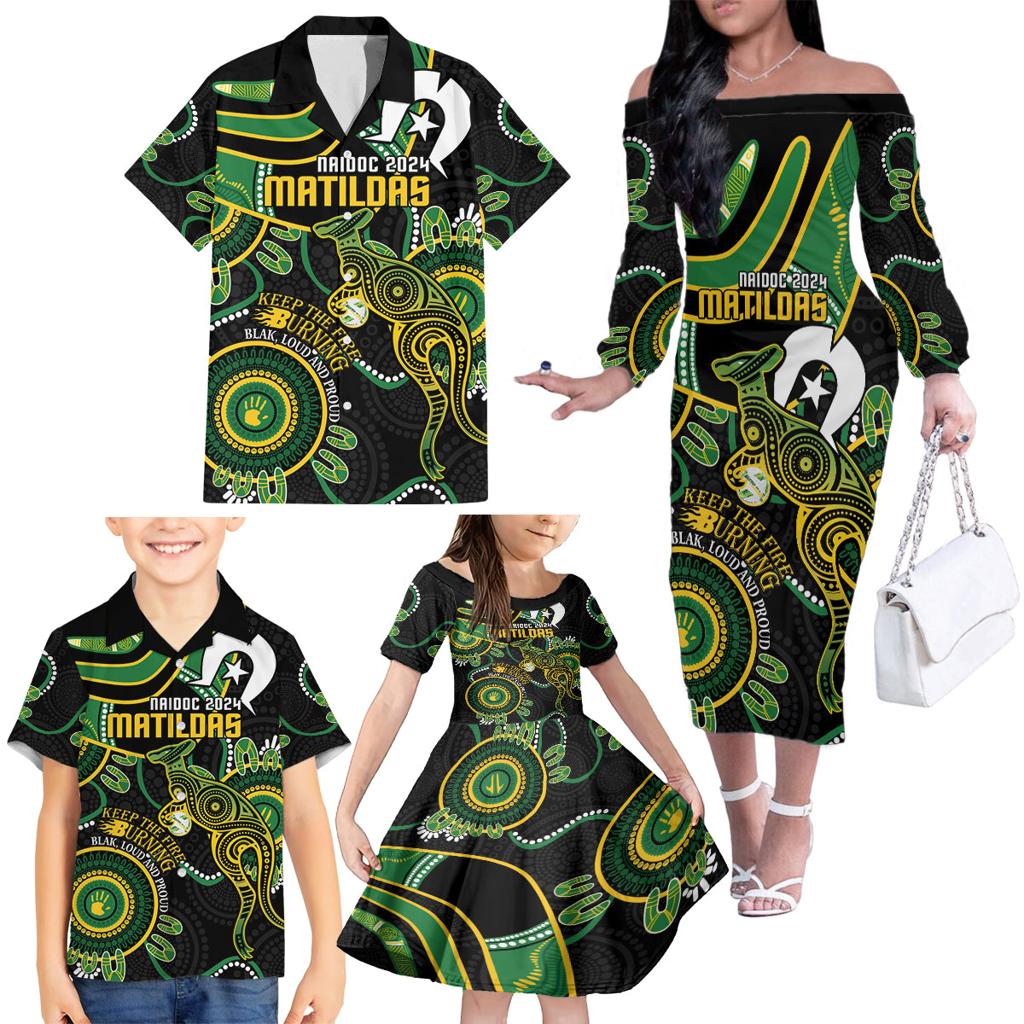 Custom Matildas NAIDOC Week Family Matching Off The Shoulder Long Sleeve Dress and Hawaiian Shirt Australia Kangaroo Keep The Fire Burning - Black