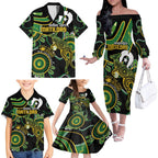 Custom Matildas NAIDOC Week Family Matching Off The Shoulder Long Sleeve Dress and Hawaiian Shirt Australia Kangaroo Keep The Fire Burning - Black