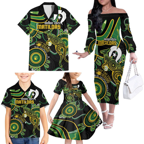 Custom Matildas NAIDOC Week Family Matching Off The Shoulder Long Sleeve Dress and Hawaiian Shirt Australia Kangaroo Keep The Fire Burning - Black