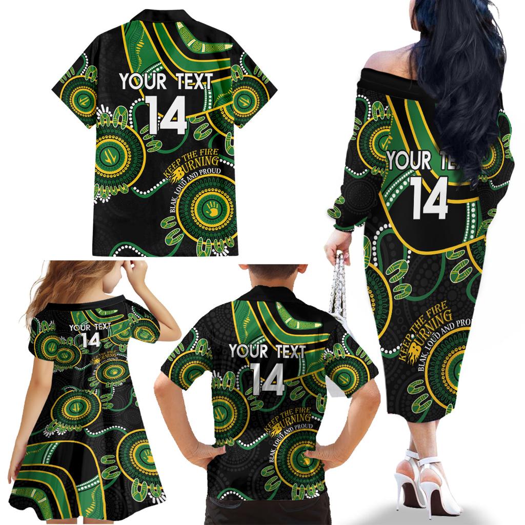 Custom Matildas NAIDOC Week Family Matching Off The Shoulder Long Sleeve Dress and Hawaiian Shirt Australia Kangaroo Keep The Fire Burning - Black
