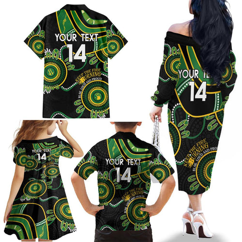 Custom Matildas NAIDOC Week Family Matching Off The Shoulder Long Sleeve Dress and Hawaiian Shirt Australia Kangaroo Keep The Fire Burning - Black