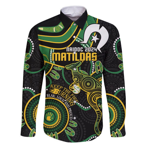 Custom Matildas NAIDOC Week Family Matching Off The Shoulder Long Sleeve Dress and Hawaiian Shirt Australia Kangaroo Keep The Fire Burning - Black