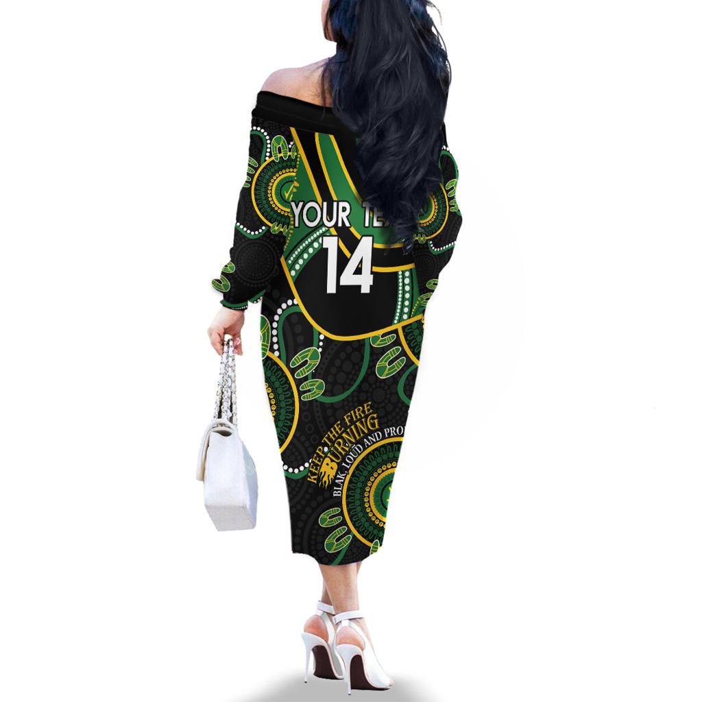 Custom Matildas NAIDOC Week Family Matching Off The Shoulder Long Sleeve Dress and Hawaiian Shirt Australia Kangaroo Keep The Fire Burning - Black