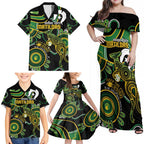 Custom Matildas NAIDOC Week Family Matching Off Shoulder Maxi Dress and Hawaiian Shirt Australia Kangaroo Keep The Fire Burning - Black