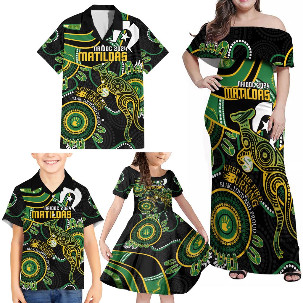 Custom Matildas NAIDOC Week Family Matching Off Shoulder Maxi Dress and Hawaiian Shirt Australia Kangaroo Keep The Fire Burning - Black