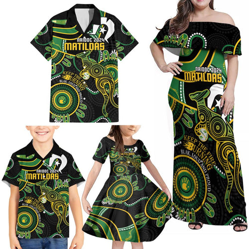 Custom Matildas NAIDOC Week Family Matching Off Shoulder Maxi Dress and Hawaiian Shirt Australia Kangaroo Keep The Fire Burning - Black
