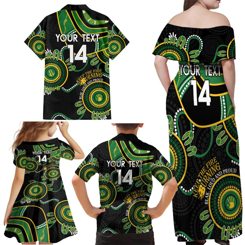 Custom Matildas NAIDOC Week Family Matching Off Shoulder Maxi Dress and Hawaiian Shirt Australia Kangaroo Keep The Fire Burning - Black