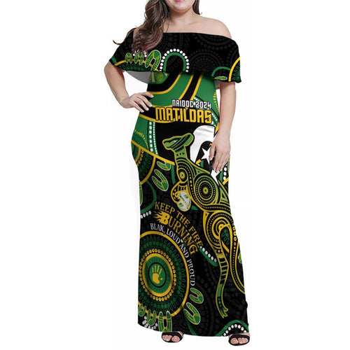 Custom Matildas NAIDOC Week Family Matching Off Shoulder Maxi Dress and Hawaiian Shirt Australia Kangaroo Keep The Fire Burning - Black