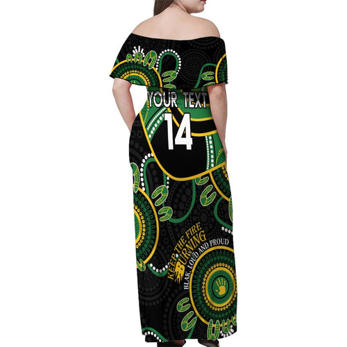Custom Matildas NAIDOC Week Family Matching Off Shoulder Maxi Dress and Hawaiian Shirt Australia Kangaroo Keep The Fire Burning - Black