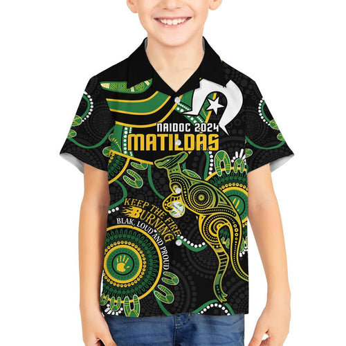 Custom Matildas NAIDOC Week Family Matching Off Shoulder Maxi Dress and Hawaiian Shirt Australia Kangaroo Keep The Fire Burning - Black