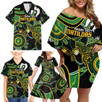 Custom Matildas NAIDOC Week Family Matching Off Shoulder Short Dress and Hawaiian Shirt Australia Kangaroo Keep The Fire Burning - Black