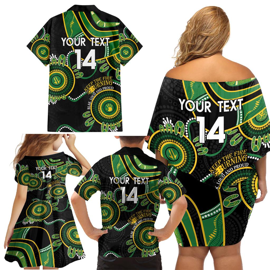 Custom Matildas NAIDOC Week Family Matching Off Shoulder Short Dress and Hawaiian Shirt Australia Kangaroo Keep The Fire Burning - Black