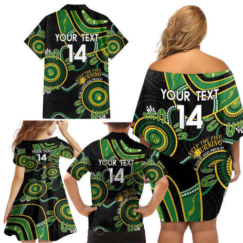 Custom Matildas NAIDOC Week Family Matching Off Shoulder Short Dress and Hawaiian Shirt Australia Kangaroo Keep The Fire Burning - Black