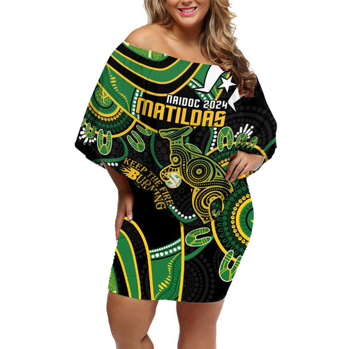 Custom Matildas NAIDOC Week Family Matching Off Shoulder Short Dress and Hawaiian Shirt Australia Kangaroo Keep The Fire Burning - Black