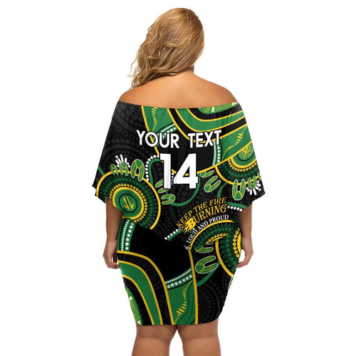 Custom Matildas NAIDOC Week Family Matching Off Shoulder Short Dress and Hawaiian Shirt Australia Kangaroo Keep The Fire Burning - Black