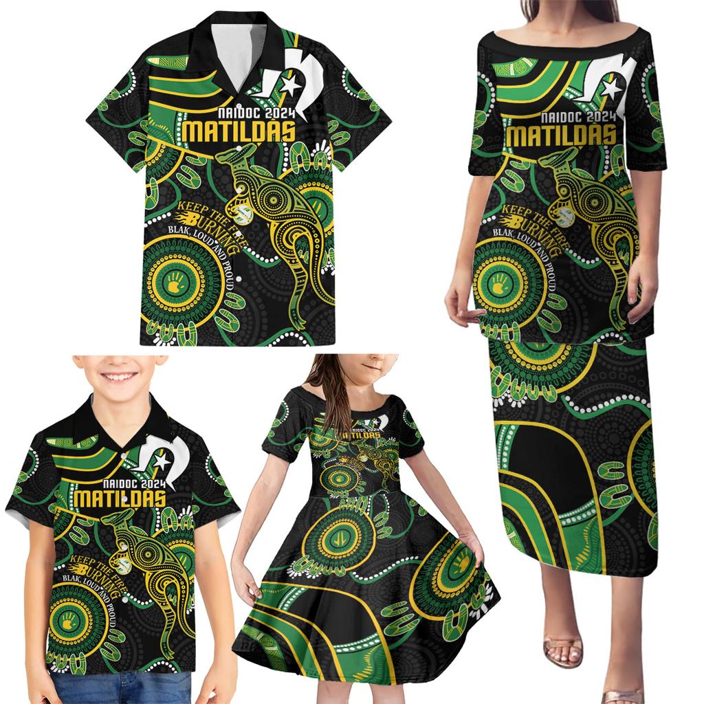 Custom Matildas NAIDOC Week Family Matching Puletasi and Hawaiian Shirt Australia Kangaroo Keep The Fire Burning - Black