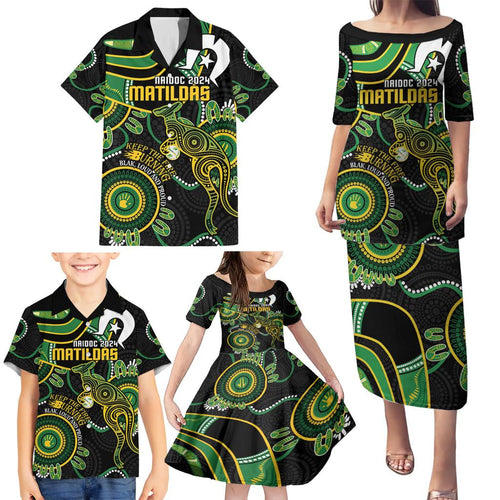 Custom Matildas NAIDOC Week Family Matching Puletasi and Hawaiian Shirt Australia Kangaroo Keep The Fire Burning - Black