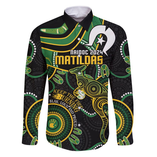 Custom Matildas NAIDOC Week Family Matching Puletasi and Hawaiian Shirt Australia Kangaroo Keep The Fire Burning - Black
