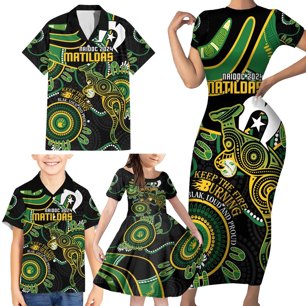 Custom Matildas NAIDOC Week Family Matching Short Sleeve Bodycon Dress and Hawaiian Shirt Australia Kangaroo Keep The Fire Burning - Black