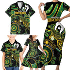 Custom Matildas NAIDOC Week Family Matching Short Sleeve Bodycon Dress and Hawaiian Shirt Australia Kangaroo Keep The Fire Burning - Black