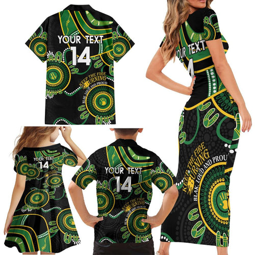 Custom Matildas NAIDOC Week Family Matching Short Sleeve Bodycon Dress and Hawaiian Shirt Australia Kangaroo Keep The Fire Burning - Black