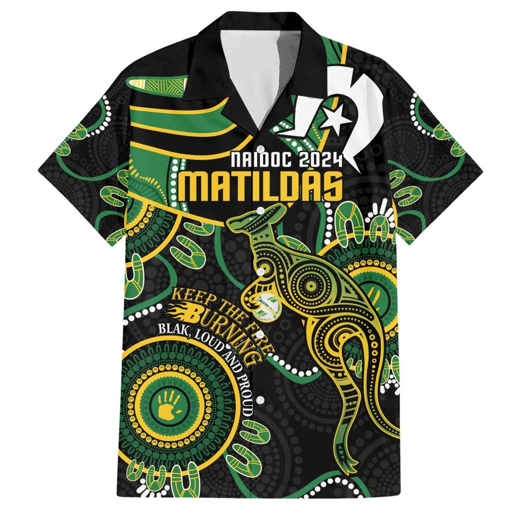Custom Matildas NAIDOC Week Family Matching Short Sleeve Bodycon Dress and Hawaiian Shirt Australia Kangaroo Keep The Fire Burning - Black