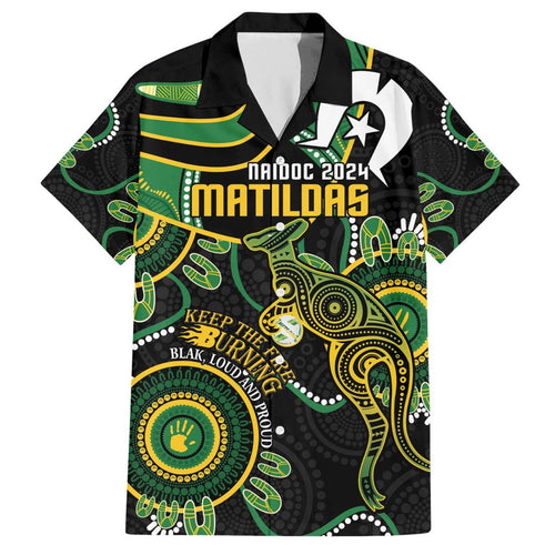 Custom Matildas NAIDOC Week Family Matching Short Sleeve Bodycon Dress and Hawaiian Shirt Australia Kangaroo Keep The Fire Burning - Black