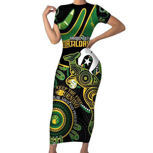 Custom Matildas NAIDOC Week Family Matching Short Sleeve Bodycon Dress and Hawaiian Shirt Australia Kangaroo Keep The Fire Burning - Black