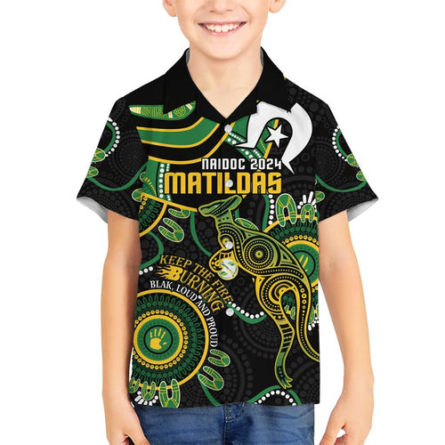 Custom Matildas NAIDOC Week Family Matching Short Sleeve Bodycon Dress and Hawaiian Shirt Australia Kangaroo Keep The Fire Burning - Black