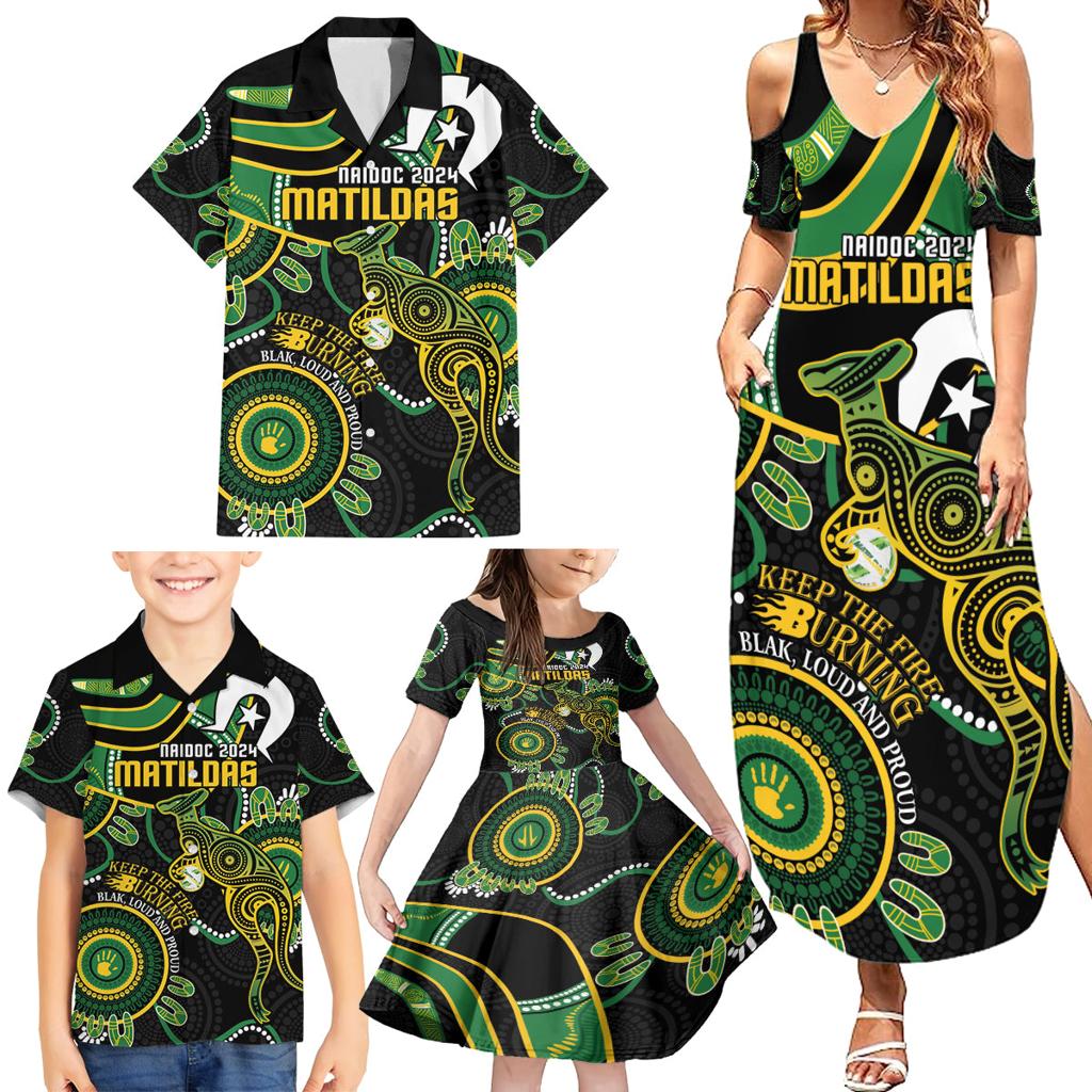 Custom Matildas NAIDOC Week Family Matching Summer Maxi Dress and Hawaiian Shirt Australia Kangaroo Keep The Fire Burning - Black