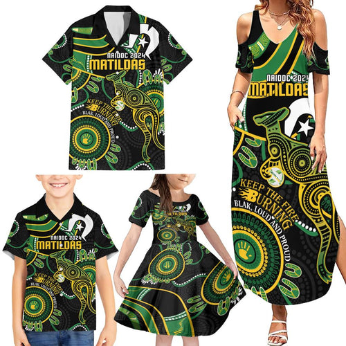 Custom Matildas NAIDOC Week Family Matching Summer Maxi Dress and Hawaiian Shirt Australia Kangaroo Keep The Fire Burning - Black