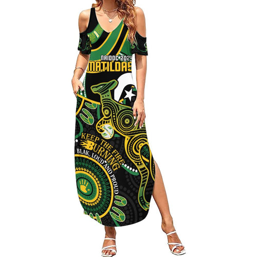 Custom Matildas NAIDOC Week Family Matching Summer Maxi Dress and Hawaiian Shirt Australia Kangaroo Keep The Fire Burning - Black