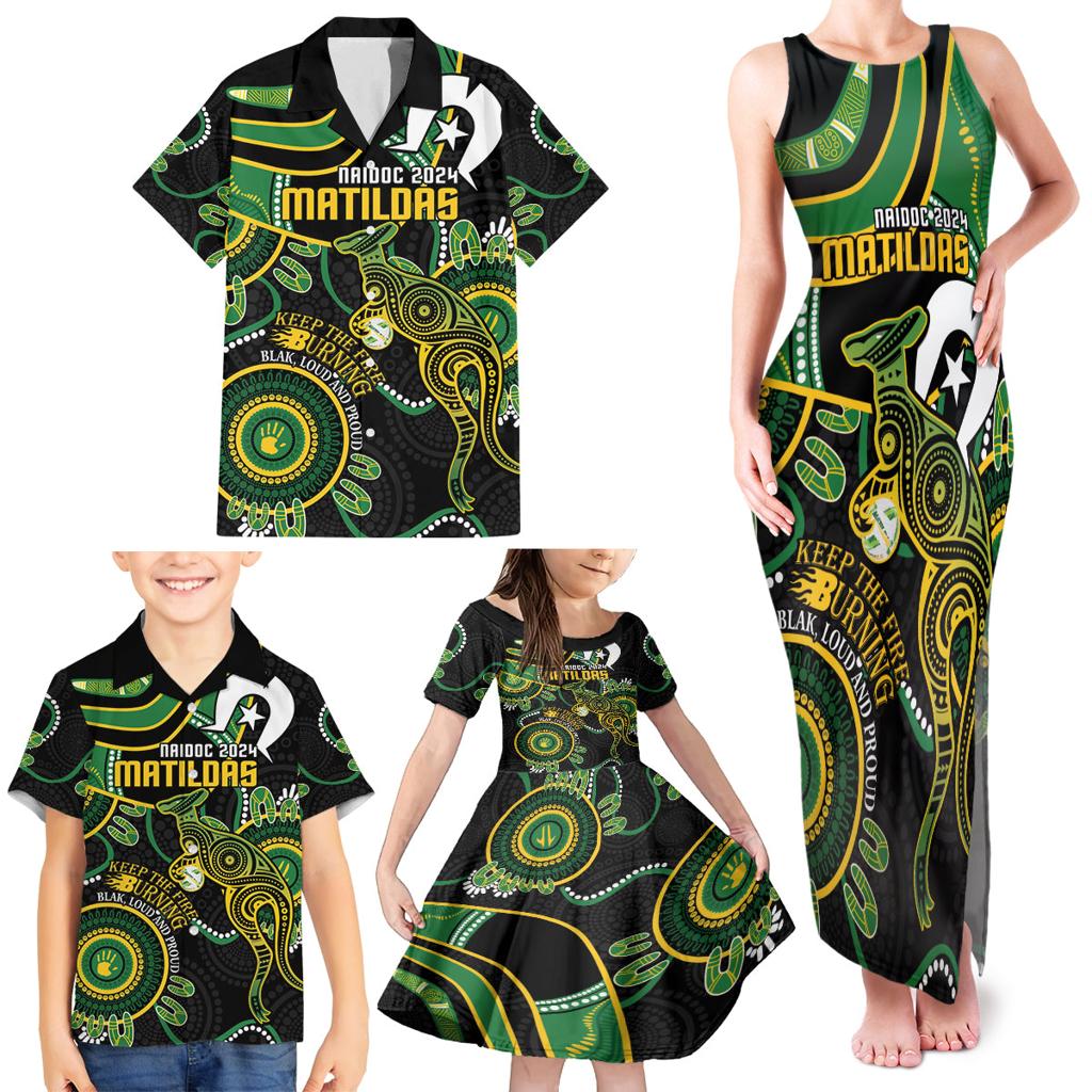 Custom Matildas NAIDOC Week Family Matching Tank Maxi Dress and Hawaiian Shirt Australia Kangaroo Keep The Fire Burning - Black