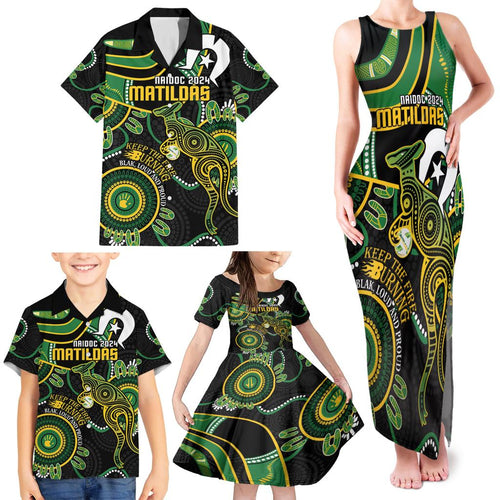 Custom Matildas NAIDOC Week Family Matching Tank Maxi Dress and Hawaiian Shirt Australia Kangaroo Keep The Fire Burning - Black