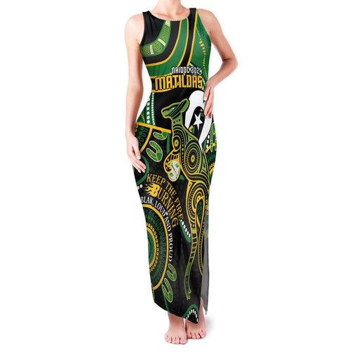 Custom Matildas NAIDOC Week Family Matching Tank Maxi Dress and Hawaiian Shirt Australia Kangaroo Keep The Fire Burning - Black
